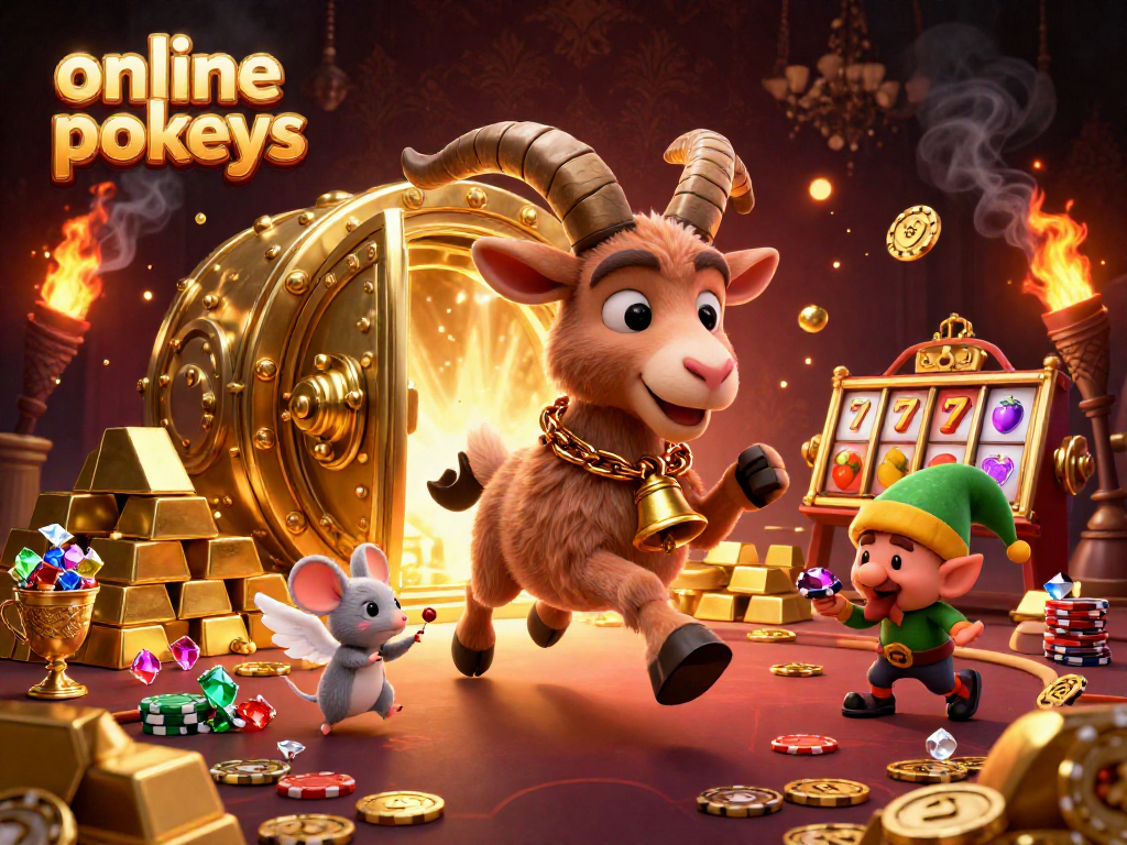 Experience excitement with online pokies in a festive casino scene featuring Krampus and playful characters.