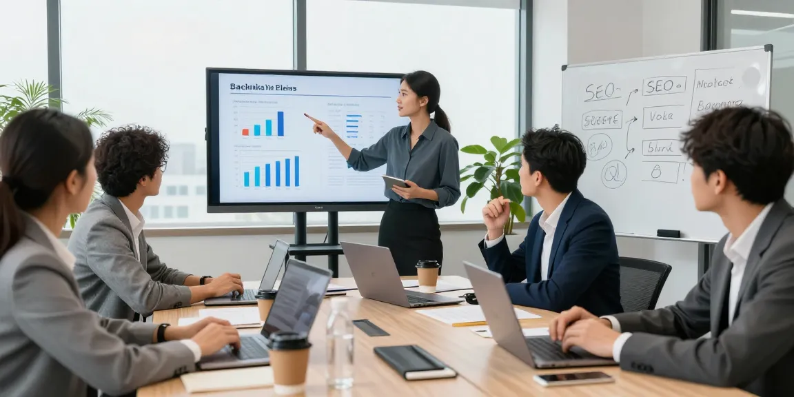 How Backlinks & Guest Posting Improve Your SEO in a professional digital marketing team meeting.