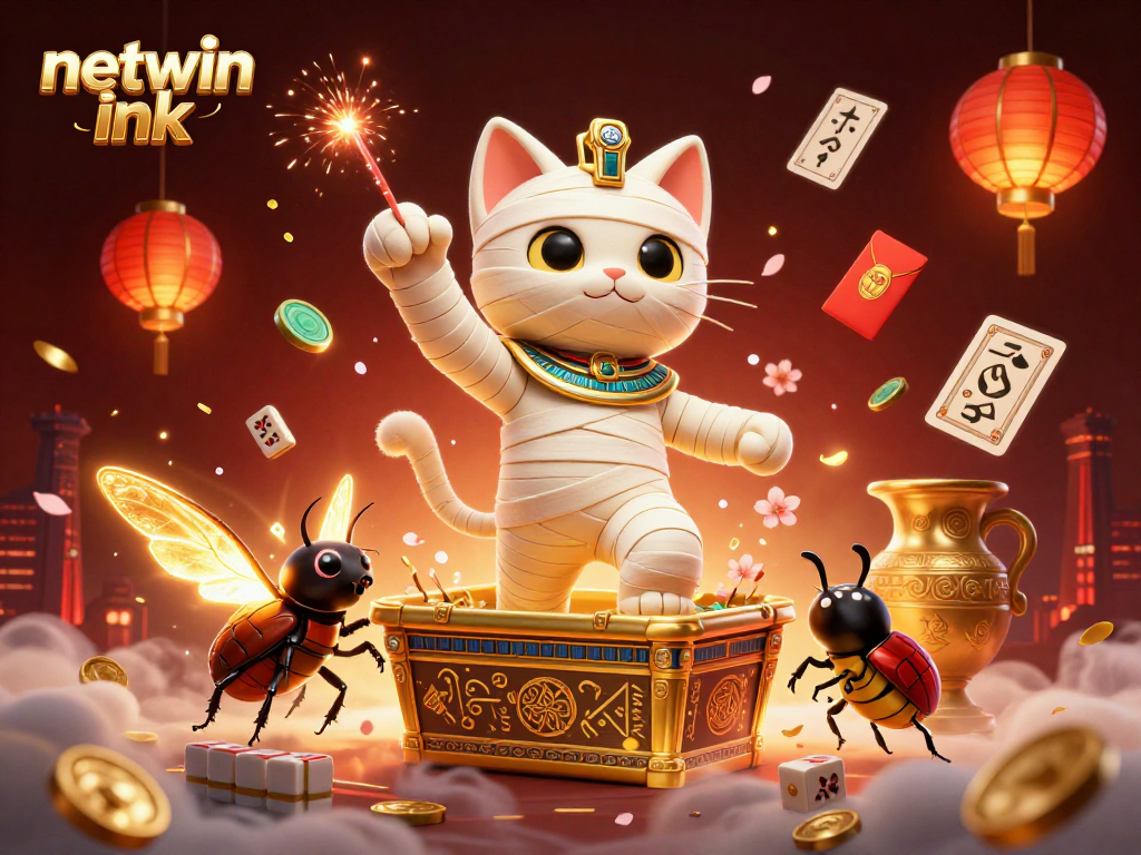 Engage in the exciting world of netwin ink with a dynamic casino scene featuring an Egyptian mummy cat.