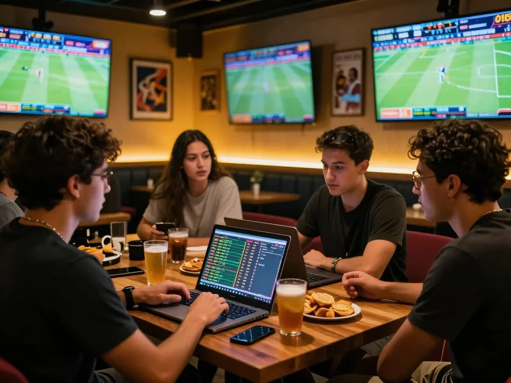Tỷ lệ kèo nhà cái hôm nay showcased in a lively sports betting lounge with fans engaging in strategies