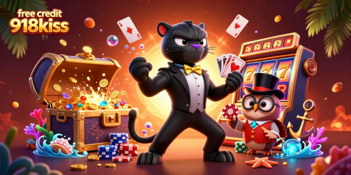 Engage with free credit 918kiss as a stylish panther deals cards at a vibrant casino scene.