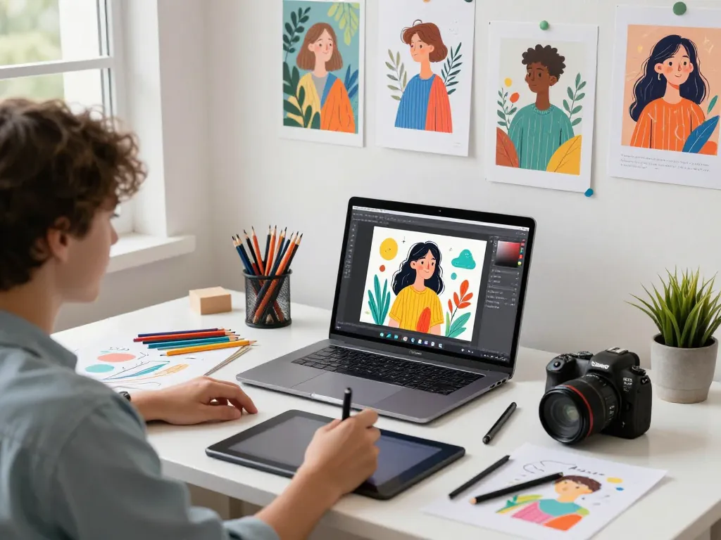 Illustrator using nano banana 2 AI image editor in a colorful digital art studio.