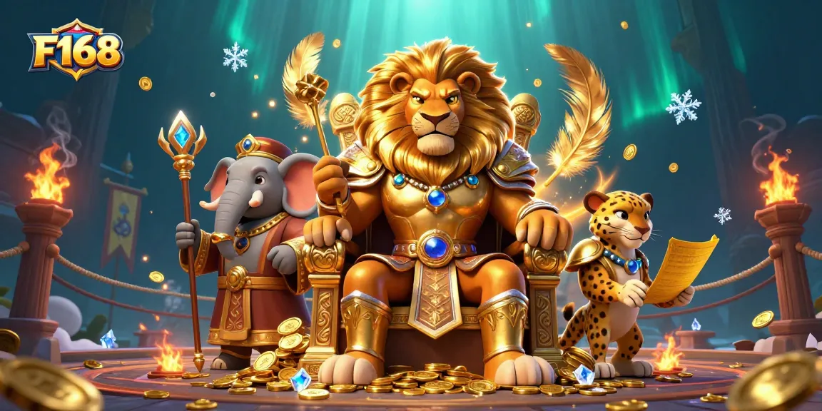 Engage with F168's exciting gaming realm featuring majestic characters and vibrant casino action.