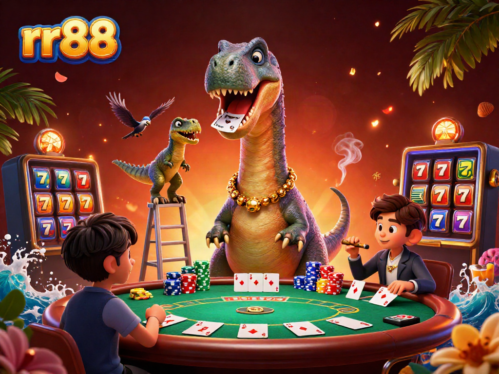 Engage in exciting gameplay at rr88 with the dynamic casino scene featuring a brontosaurus and clever raptor.