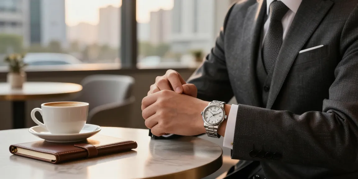 A close-up of a stylish replica watch worn by a person in a tailored suit at a modern cafe, reflecting sophistication and luxury.