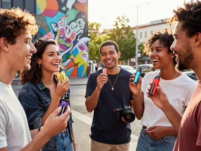 Friends enjoying packwood 2g disposable vape pens in a vibrant city setting.