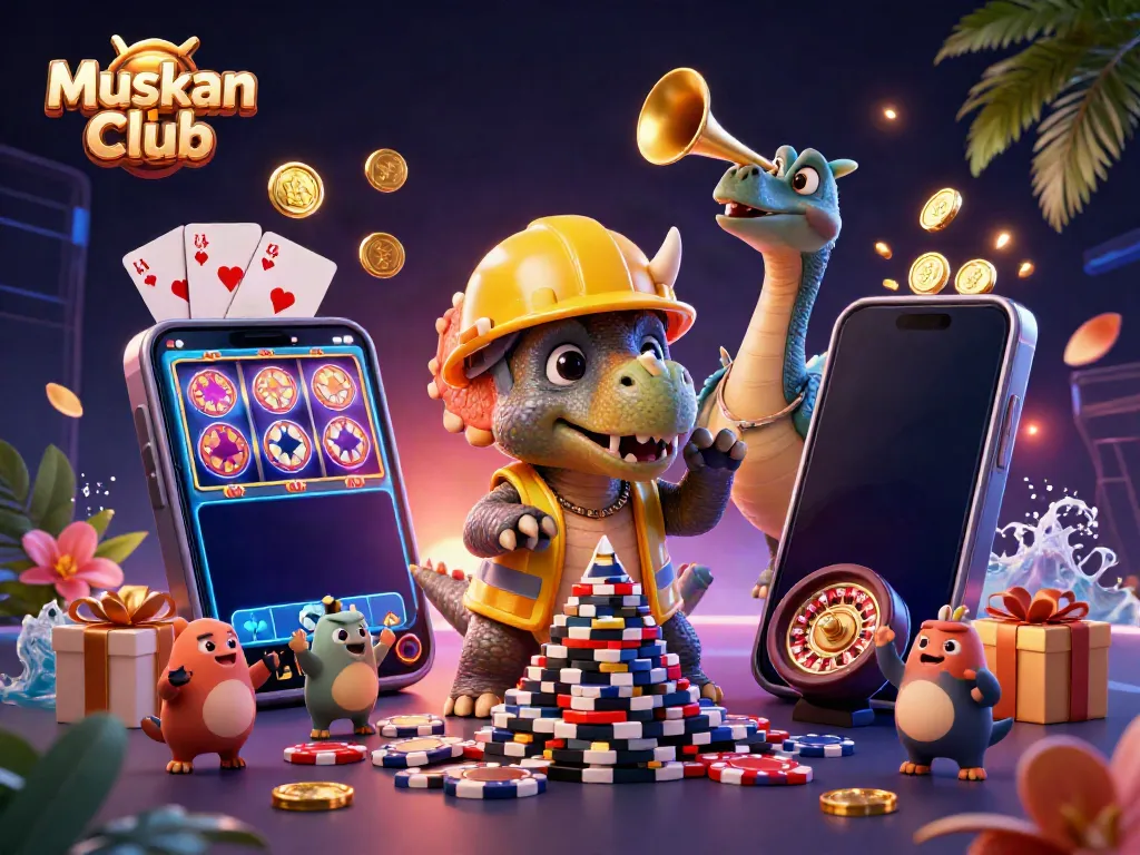 Engage in the vibrant world of real money gaming with Muskan Club featuring dynamic characters and casino elements.