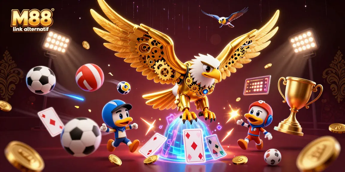 Betting on the M88 link alternatif platform with a dynamic illustration of a cybernetic eagle among sports elements.