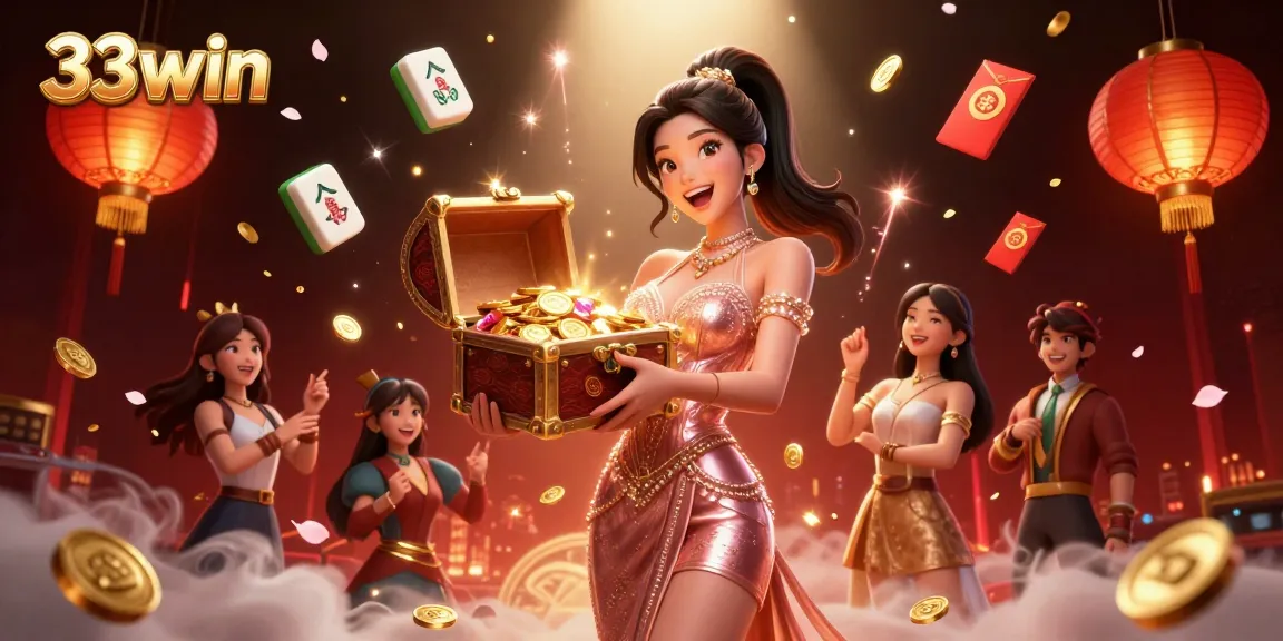 Engage with 33win's excitement, featuring golden coins and treasures in this vibrant casino scene.