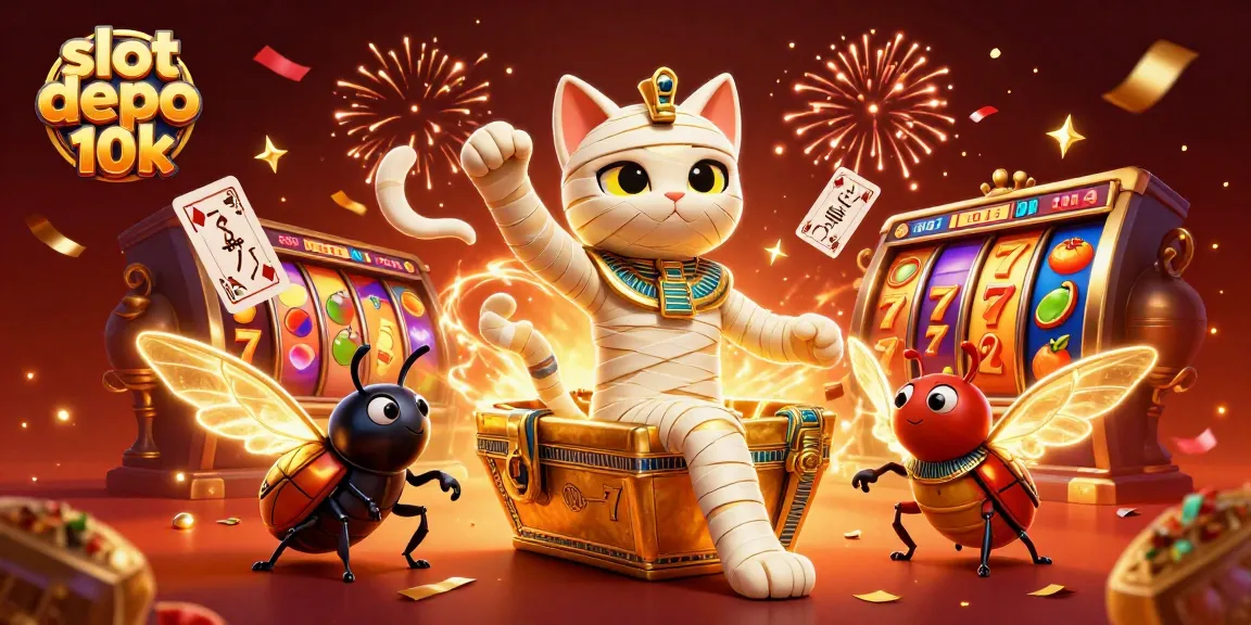 Slot depo 10k menampilkan karakter unik dalam momen menang judi yang spektakuler dengan suasana kasino berwarna-warni.