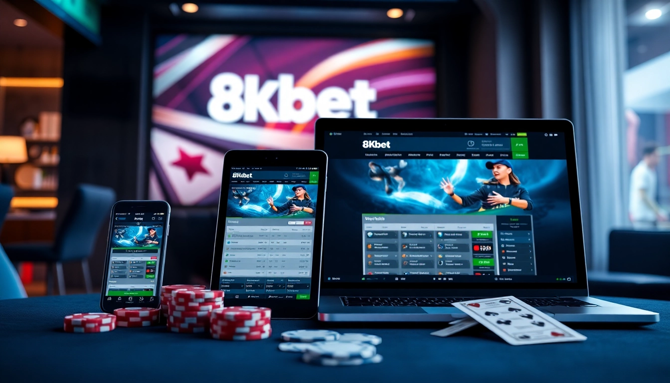 8Kbet interactive online betting interface displayed across devices in a modern gaming lounge.