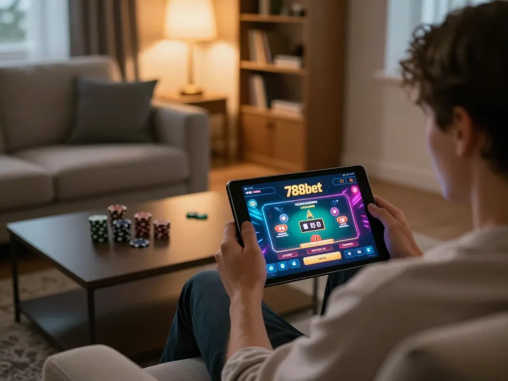 Engaging in online gaming on 788bet's platform in a cozy home setting
