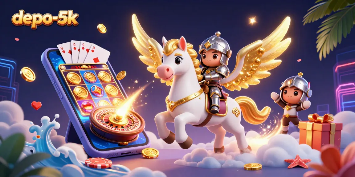 Experience the excitement of depo-5k with vibrant slot games, golden coins, and thrilling characters.