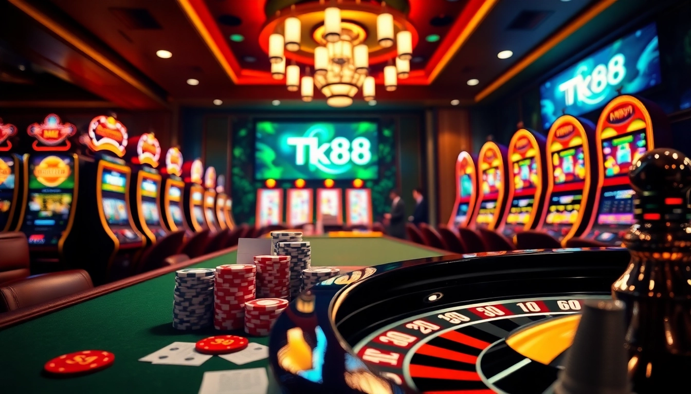 Tk88 MVP casino players betting at a vibrant table with exciting slot machines.