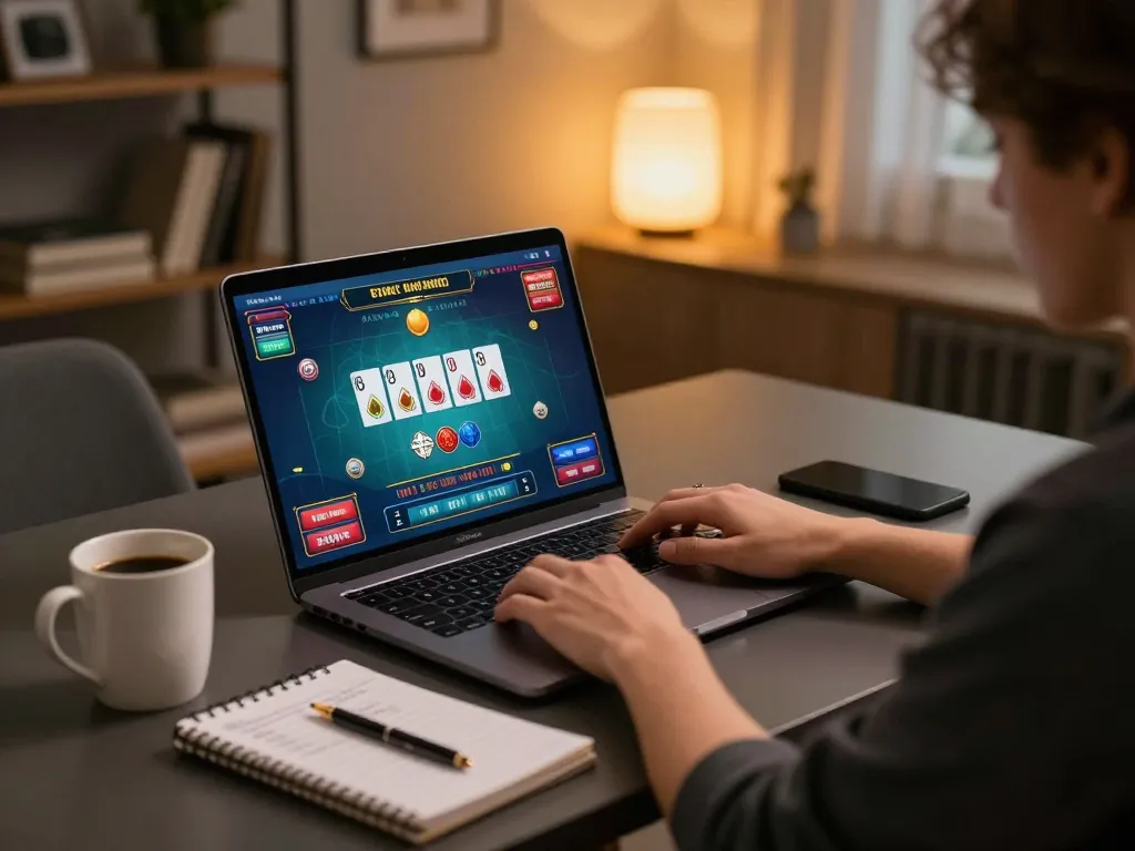 Person analyzing strategies while playing bj886 online casino games on a laptop