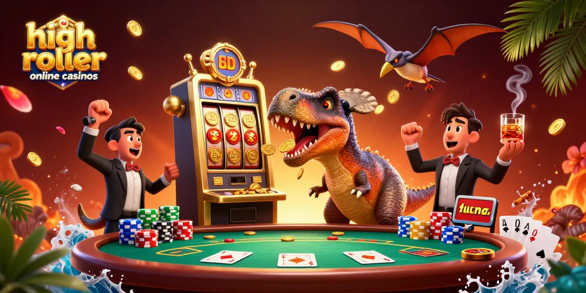 Experience the thrill at high roller online casinos with animated dinosaur characters winning big at the slots.