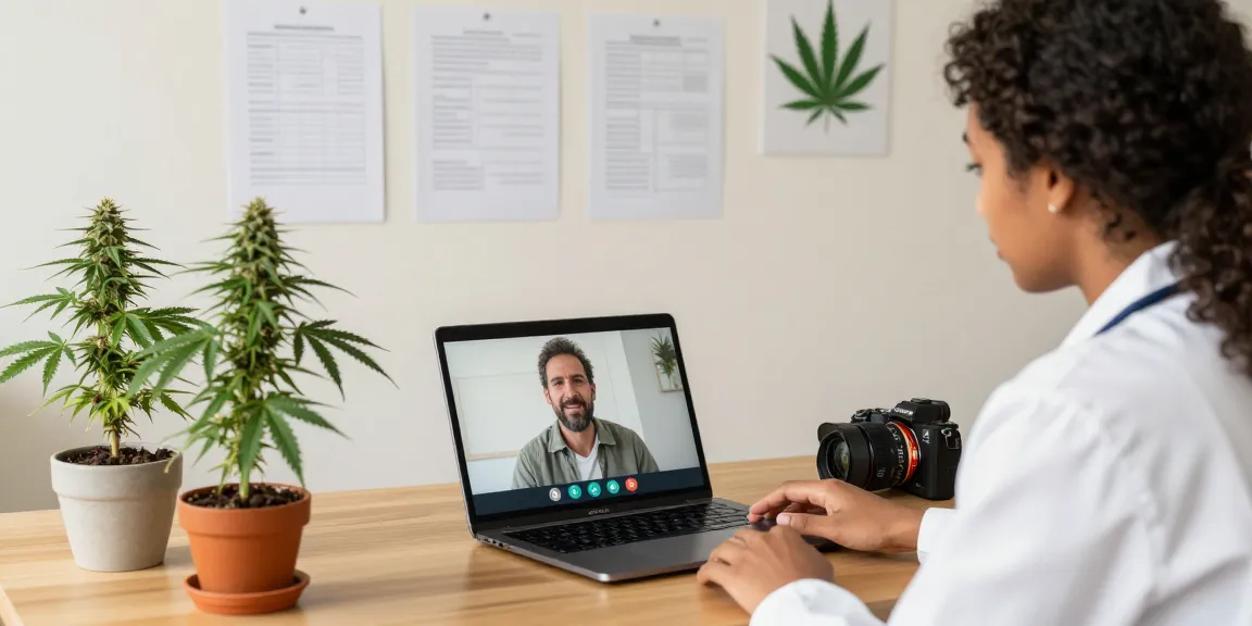 Consultation for MMJ card online with a doctor via video call in a cozy setting.