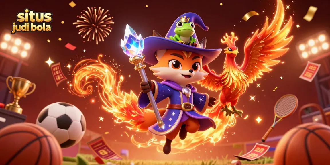 Experience thrilling sports betting action with situs judi bola, featuring a mystical fox and vibrant sports elements.