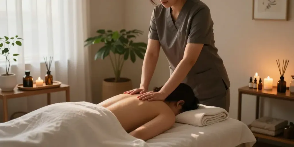 Relaxing 화곡동출장마사지 session in a serene wellness studio, showcasing therapist, calming decor, and therapeutic elements.