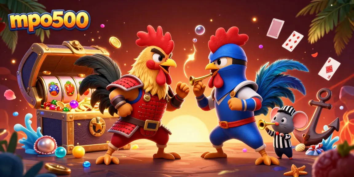 Engage with mpo500's thrilling slot games as roosters clash amidst gold coins and vibrant symbols.