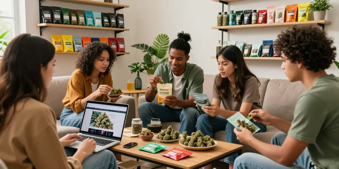 Shop for weed online UK with friends enjoying cannabis strains in a cozy living room atmosphere.
