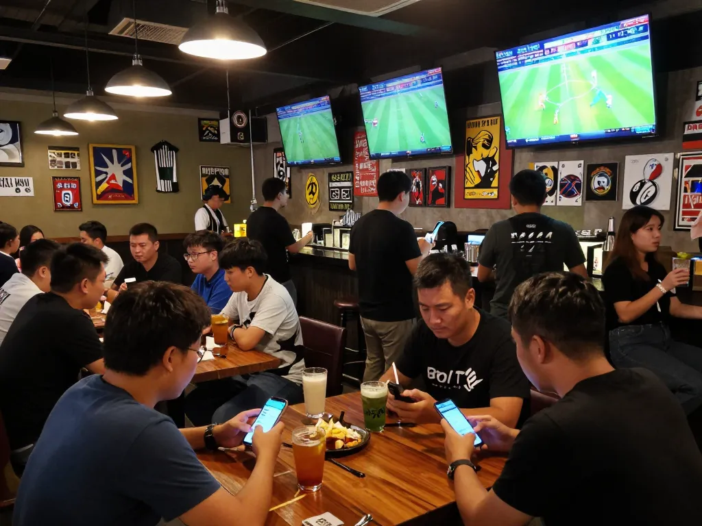 Patrons checking keo nha cai odds in a vibrant sports bar with live football.