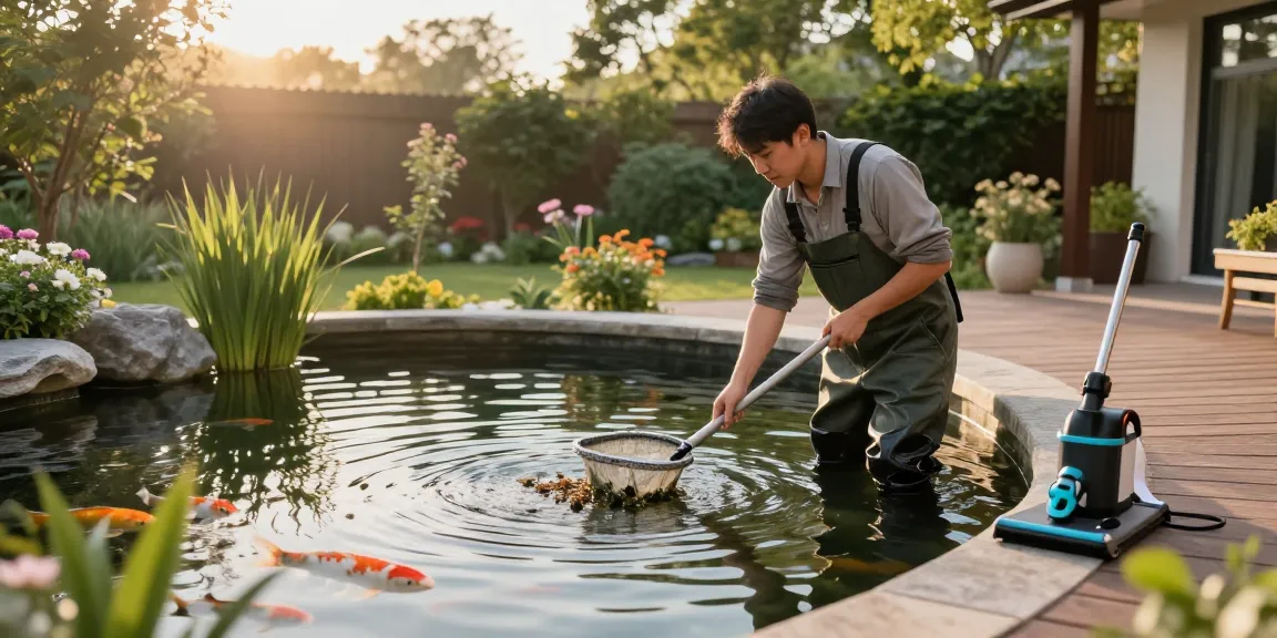 Pond Clean Essex expert maintaining a tranquil garden pond, inspecting water and removing debris.