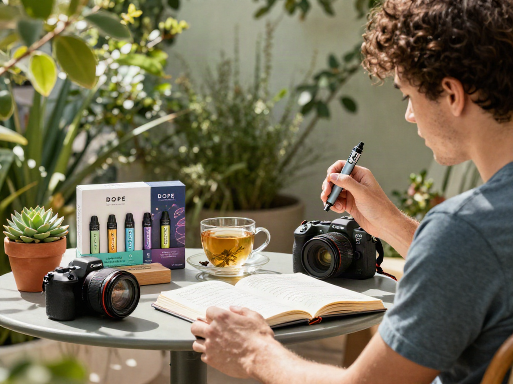 Engaging scene with dope vapes on a patio table, highlighting natural wellness and CBD products amidst greenery and afternoon sun.