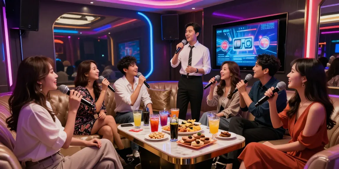 Group enjoying a fun night at 강남가라오케 with vibrant atmosphere and drinks.