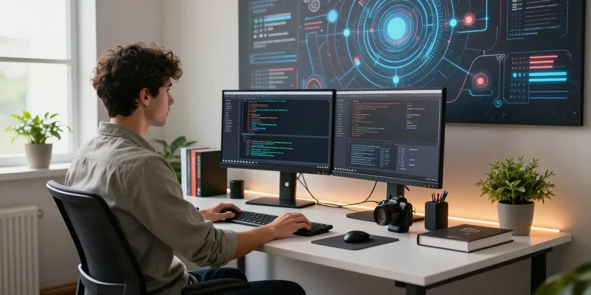 Innovative tech workspace illustrating cika4d software development with dual monitors and modern gadgets.