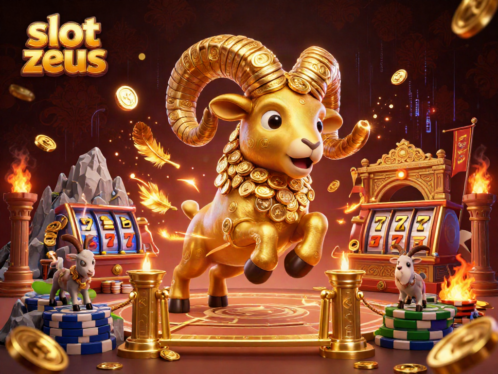 Experience thrilling wins with slot zeus as the golden ram charges through a vibrant casino landscape.