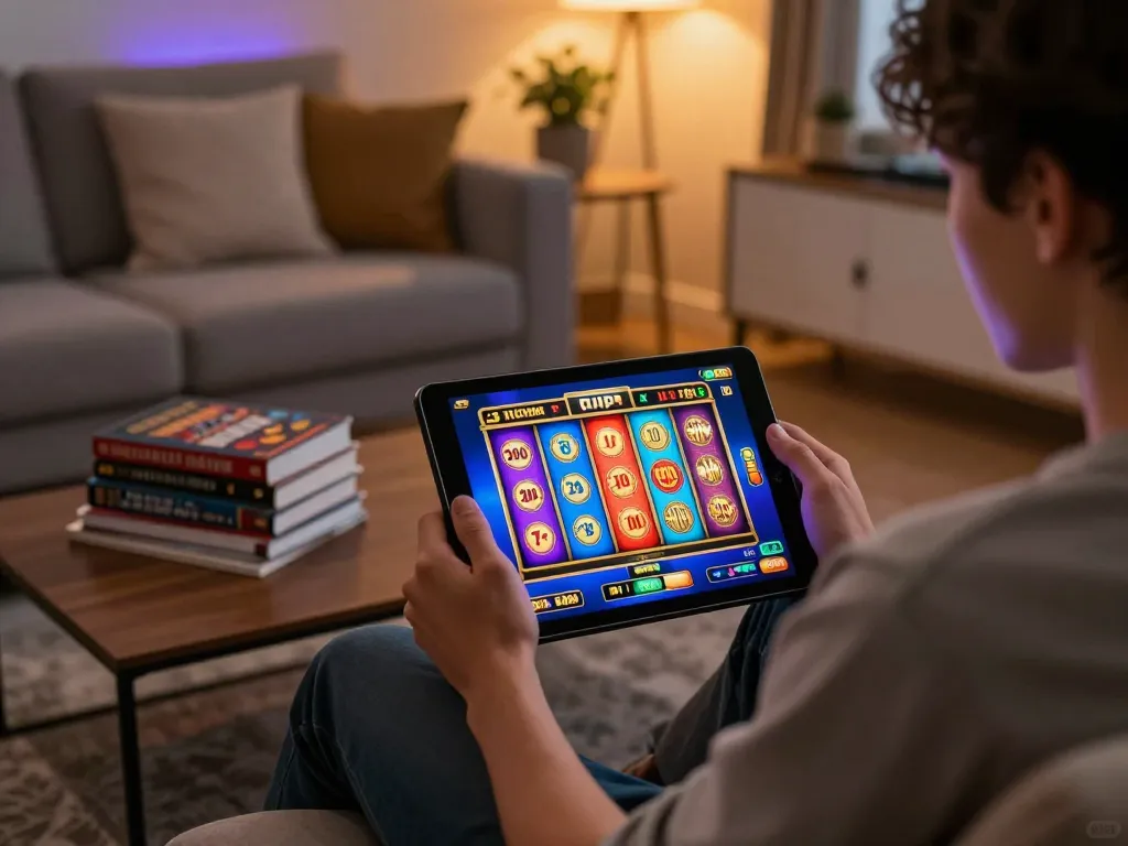 Engaged player exploring slot bet 200 perak on a tablet in a cozy living room atmosphere