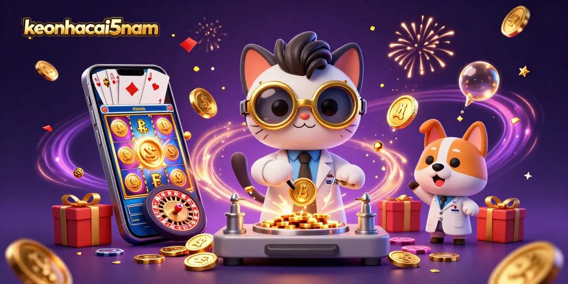Join the fun at keonhacai5nam with a colorful 3D illustration of a mad scientist creating casino magic.