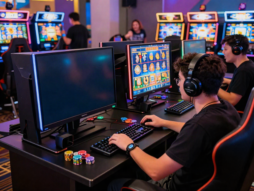 Exciting scene of a player engaging with vibrant slot88 gaming graphics in a dynamic casino environment.