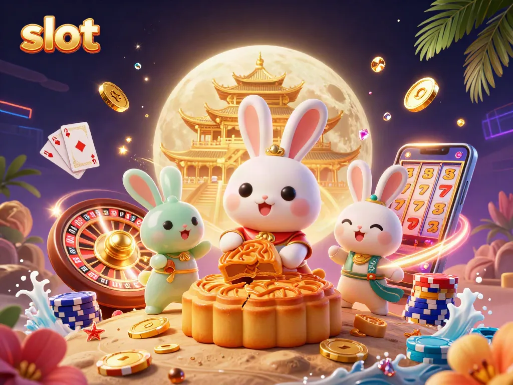Menangkan jackpot di slot dengan ilustrasi bunny dan chip poker, dikelilingi koin emas dan berlian.