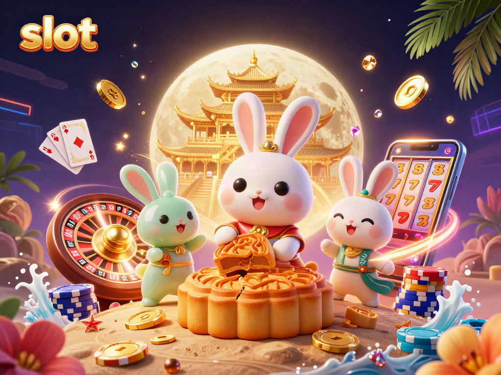 Menangkan jackpot di slot dengan ilustrasi bunny dan chip poker, dikelilingi koin emas dan berlian.