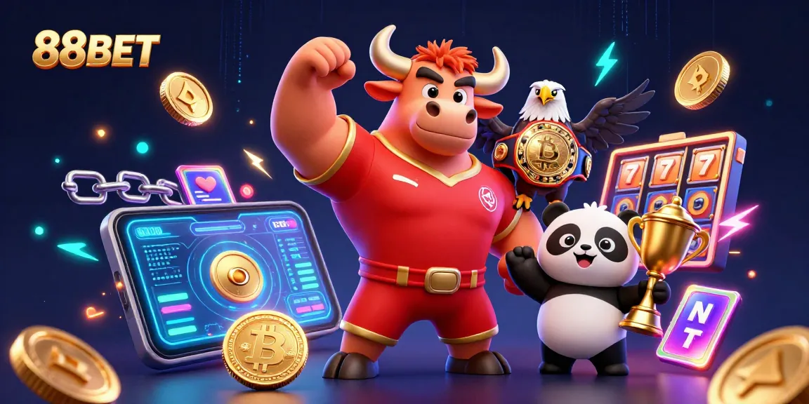Join the thrilling action at 88BET with colorful casino elements and engaging characters celebrating victories.