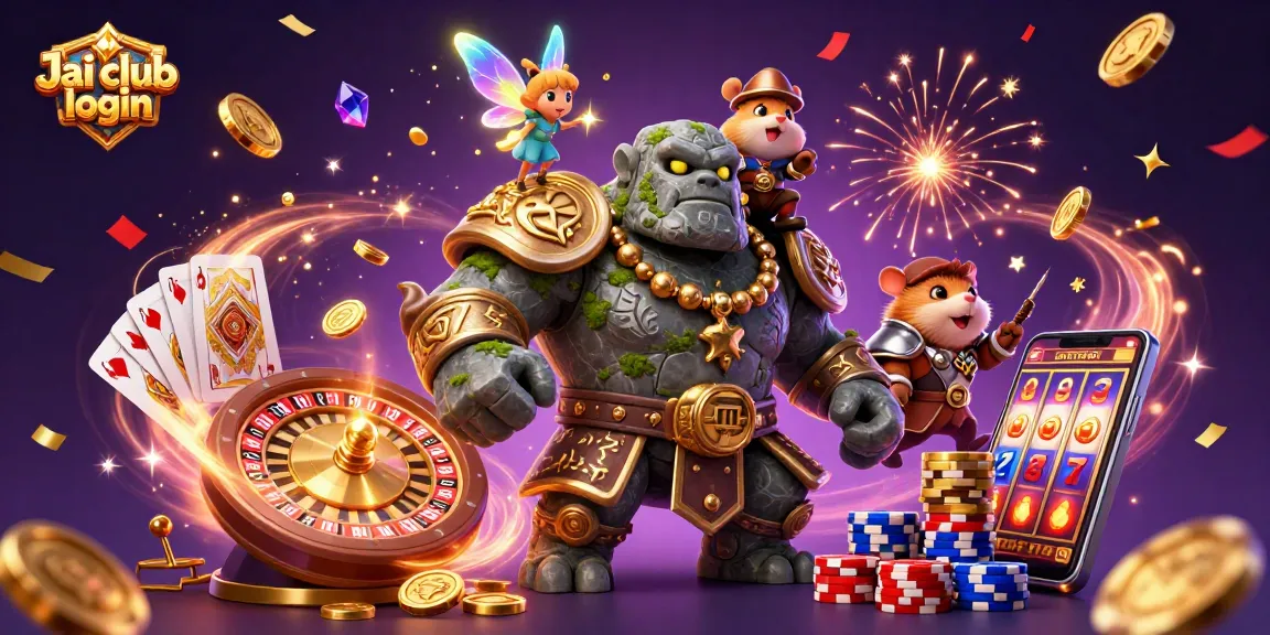 Experience thrilling games with Jai club login featuring a golem guardian, fairy, and hamster knight amidst sparkling casino elements.