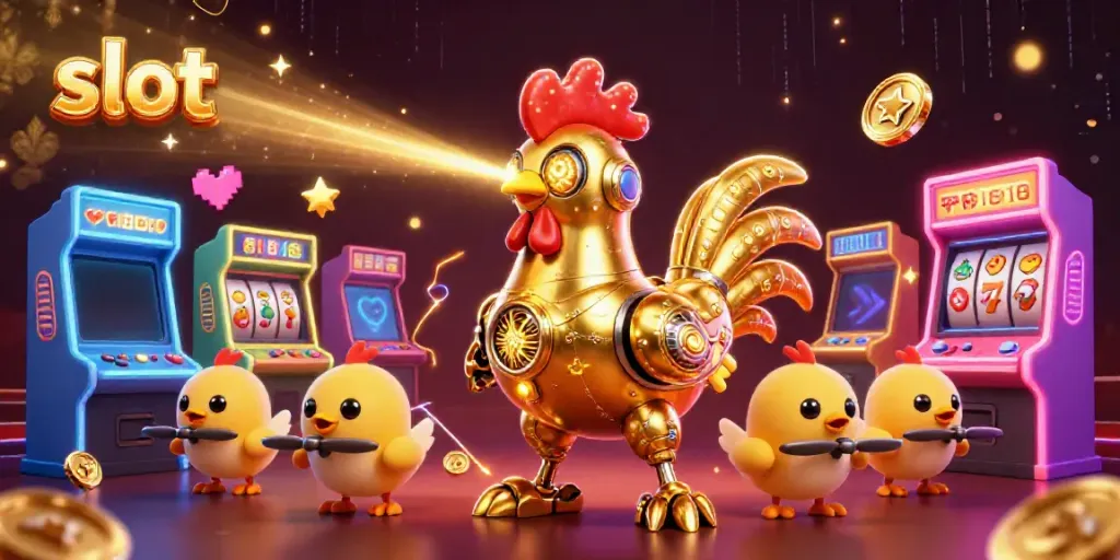 Engage in the excitement of slot gaming with dynamic visuals featuring vibrant golden symbols and retro elements.