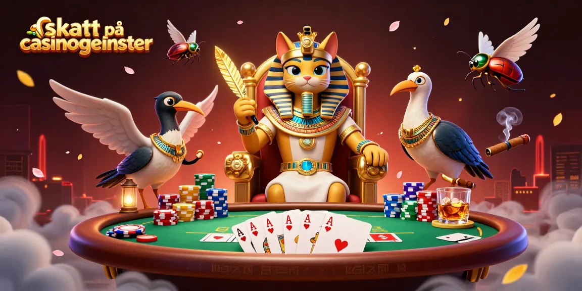 Spillene med skatt på casinogevinster illustrert med egyptisk katt og poker elementer.