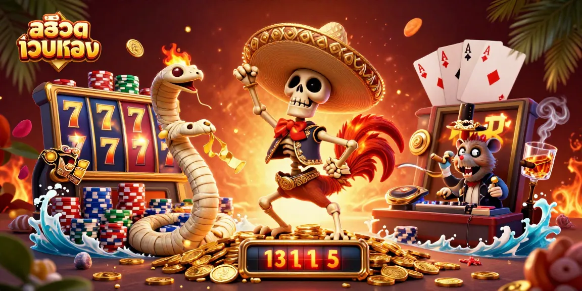Engage with สล็อตเว็บตรง through a vibrant 3D casino scene featuring a victory dance amidst golden coins and slot machines.