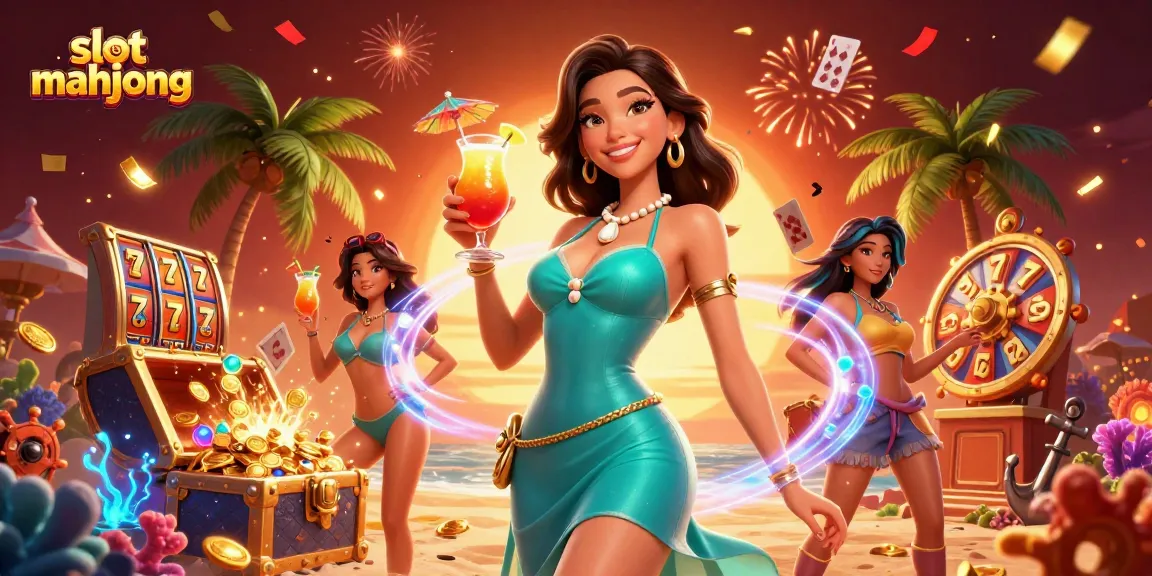 Engage with slot mahjong through this vibrant illustration showcasing casino excitement and tropical themes.