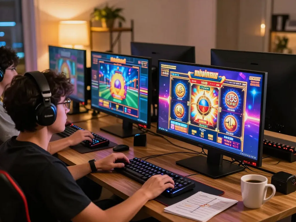 Engaging in situs slot gameplay on a laptop at home, showcasing vibrant graphics and strategic notes.