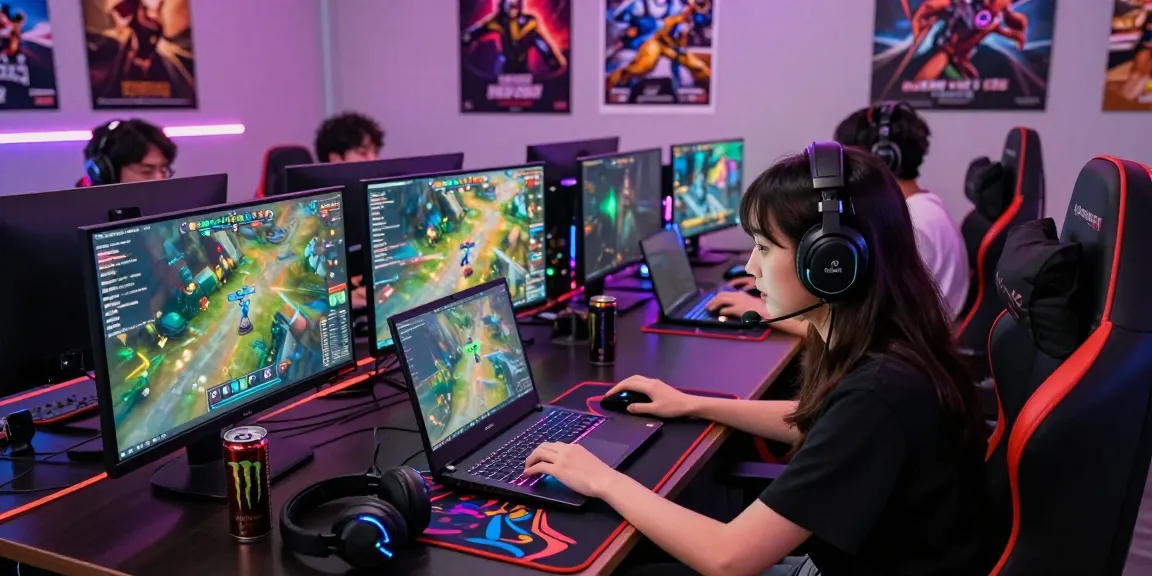 Competitive gaming scene with players enjoying diverse games on Garuda303, showcasing vibrant setups and engaging atmosphere.