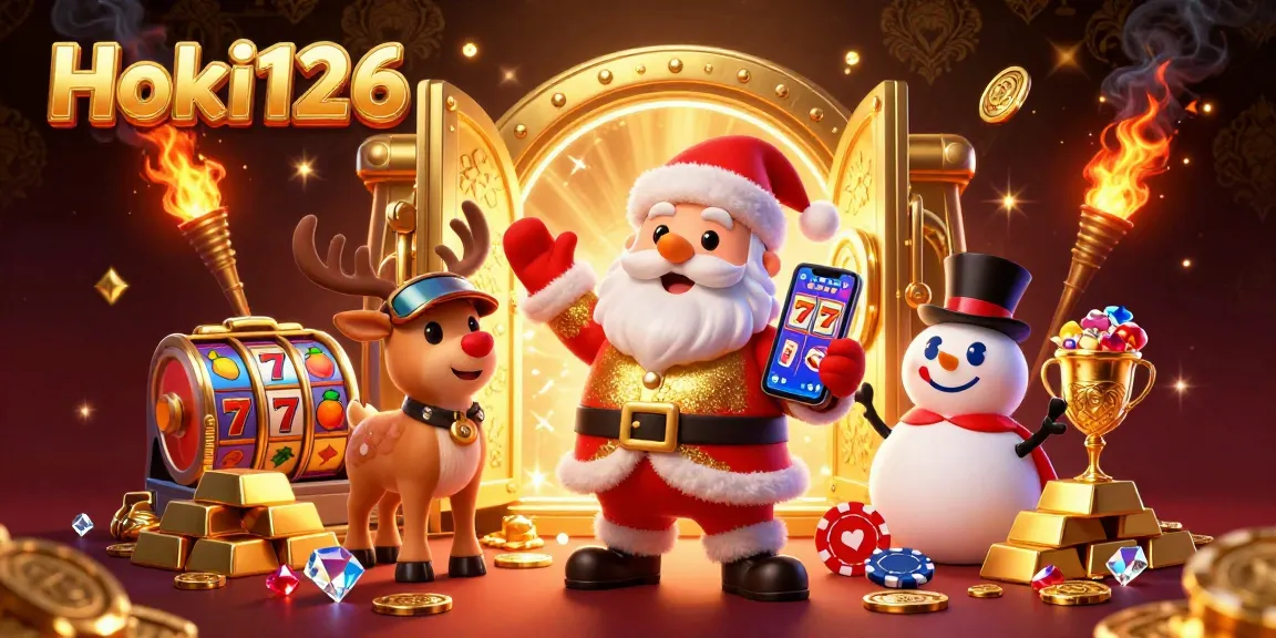 Engage with slot action at Hoki126, featuring festive characters in a vibrant casino scene.