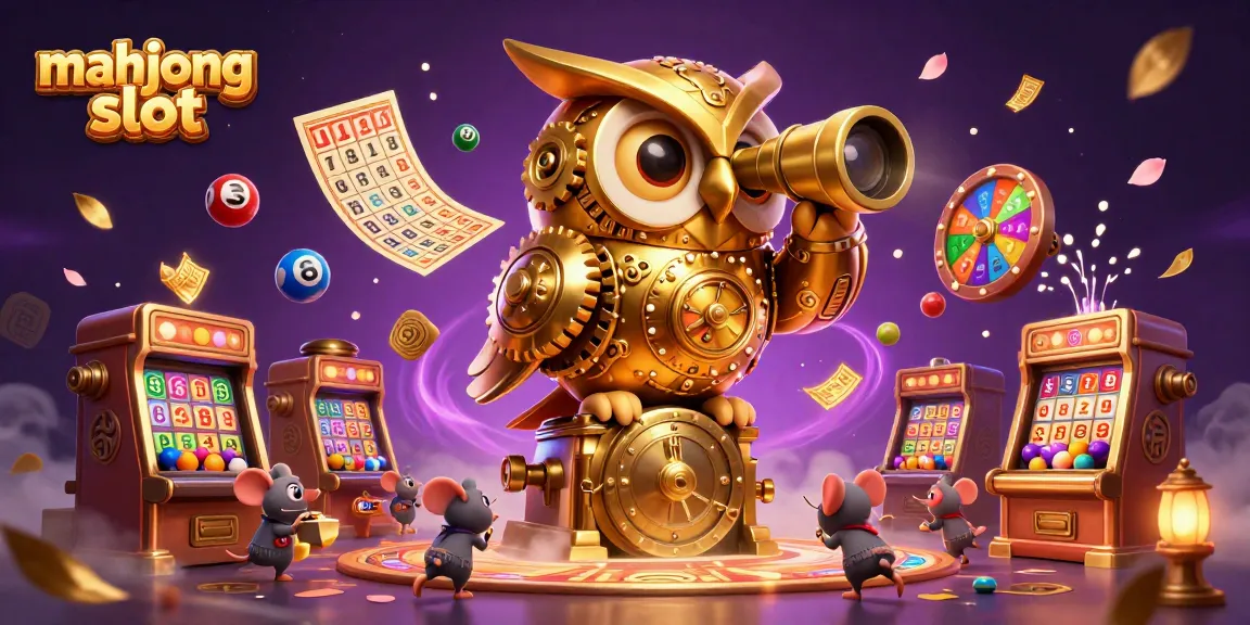 Engage in mahjong slot excitement with a whimsical 3D casino illustration of a golden owl and lively mice.