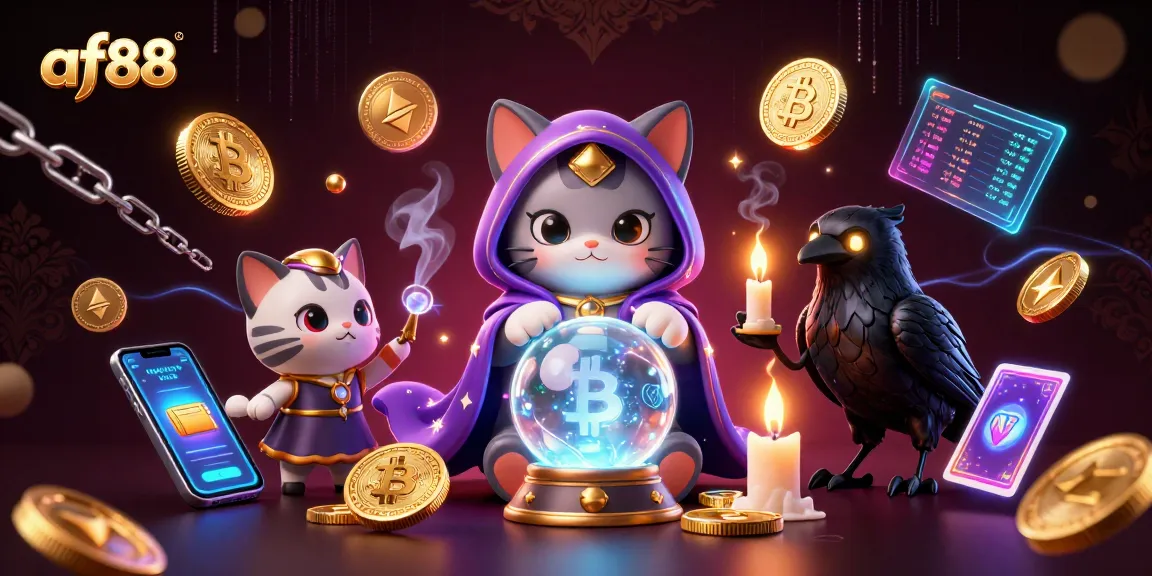 Experience the excitement at af88 with a mystical cat, glowing coins, and vibrant game elements.