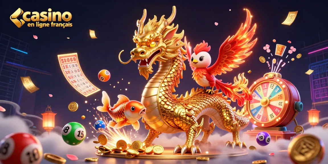Plongez dans l'univers des jeux de casino en ligne français avec un dragon auréole, un phoenix flamboyant et un poisson koi, entourés d'éléments de loterie.