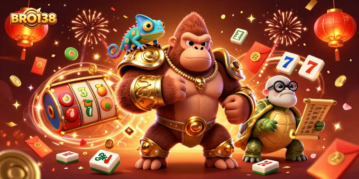 Spin the reels and discover exciting games at BRO138, featuring dynamic characters and vibrant gambling symbols.