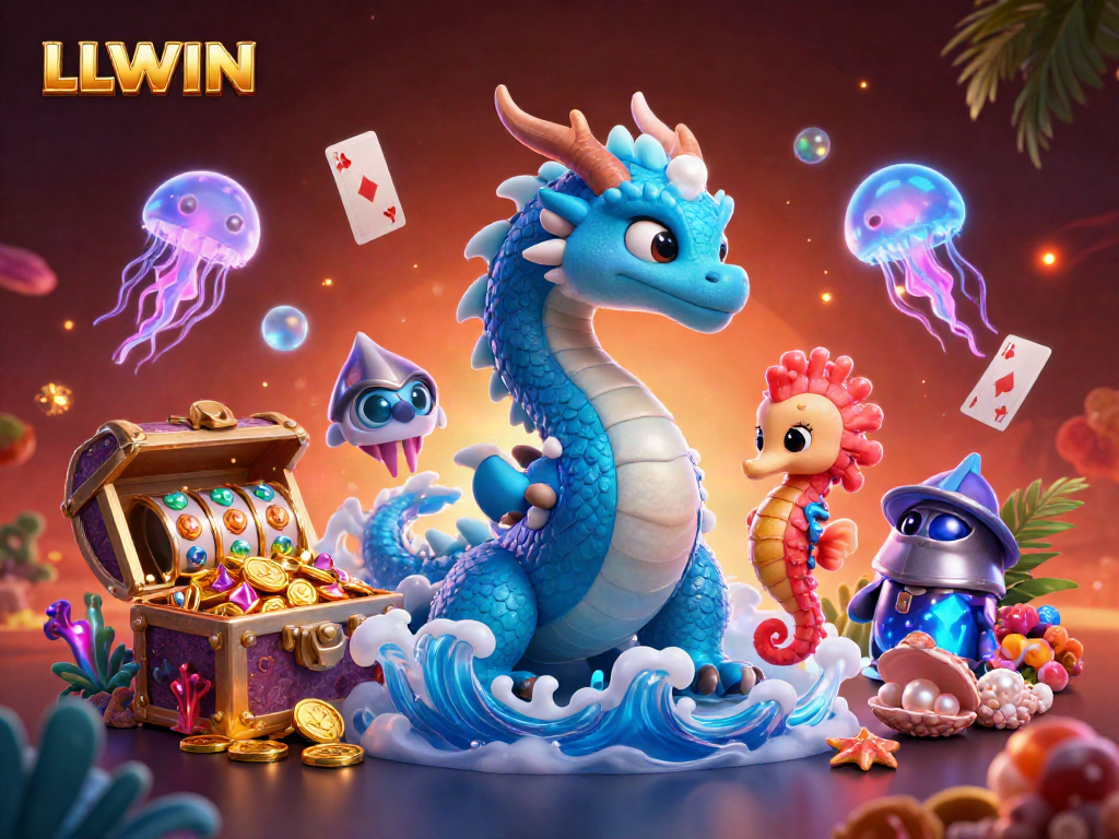 LLWIN showcases a vibrant underwater gaming scene with a stunning azure dragon, treasure, and slot reels.
